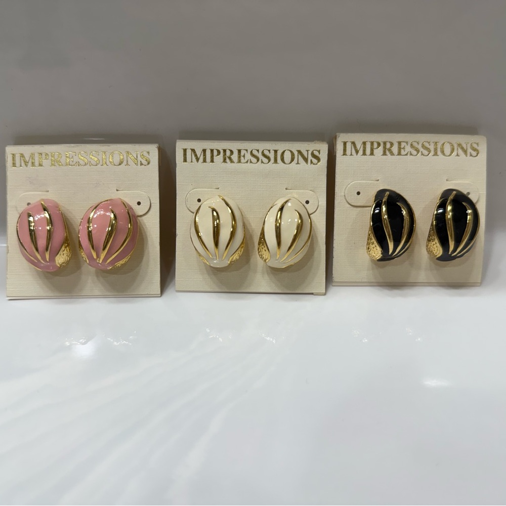 Impressions Trio Earrings Set in Pink, White, and Black with Gold